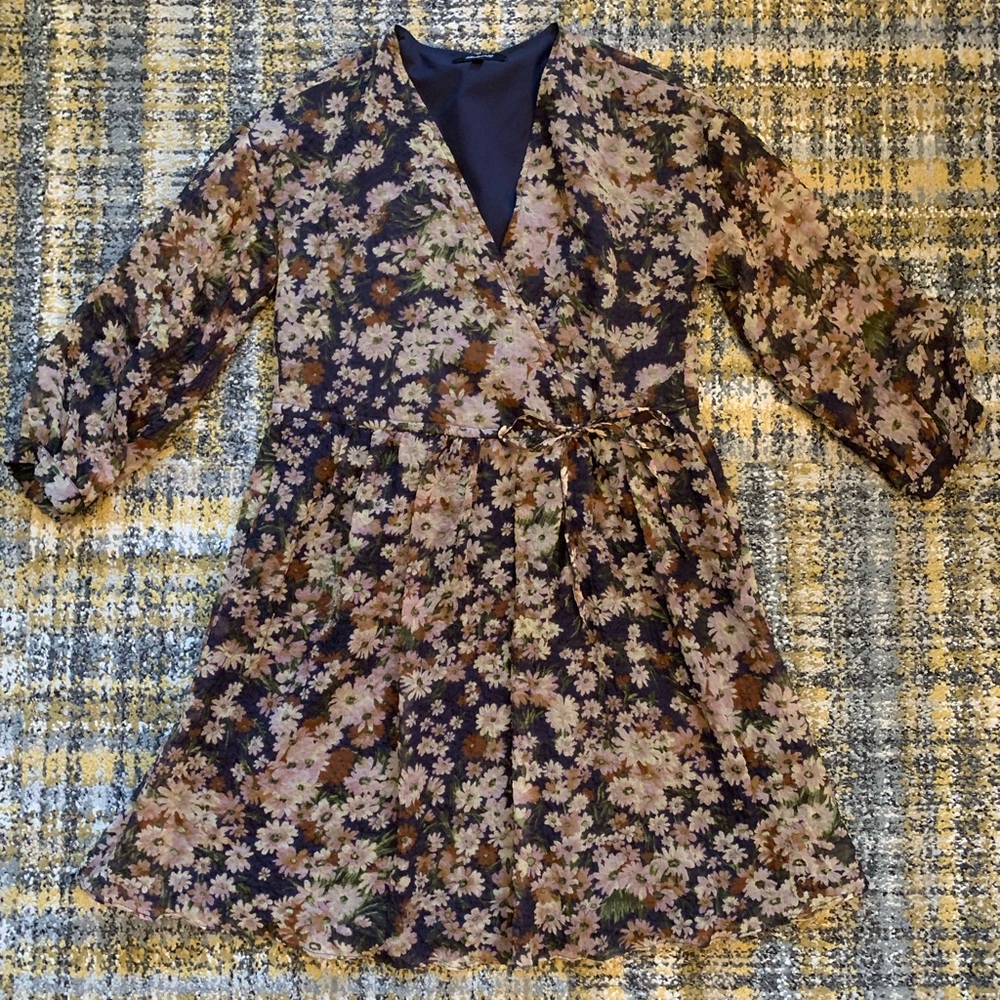 Madewell floral faux-wrap mini dress with sheer long sleeves